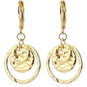 Gold Disc Circle Dangle Drop  Leverback Earrings for Women